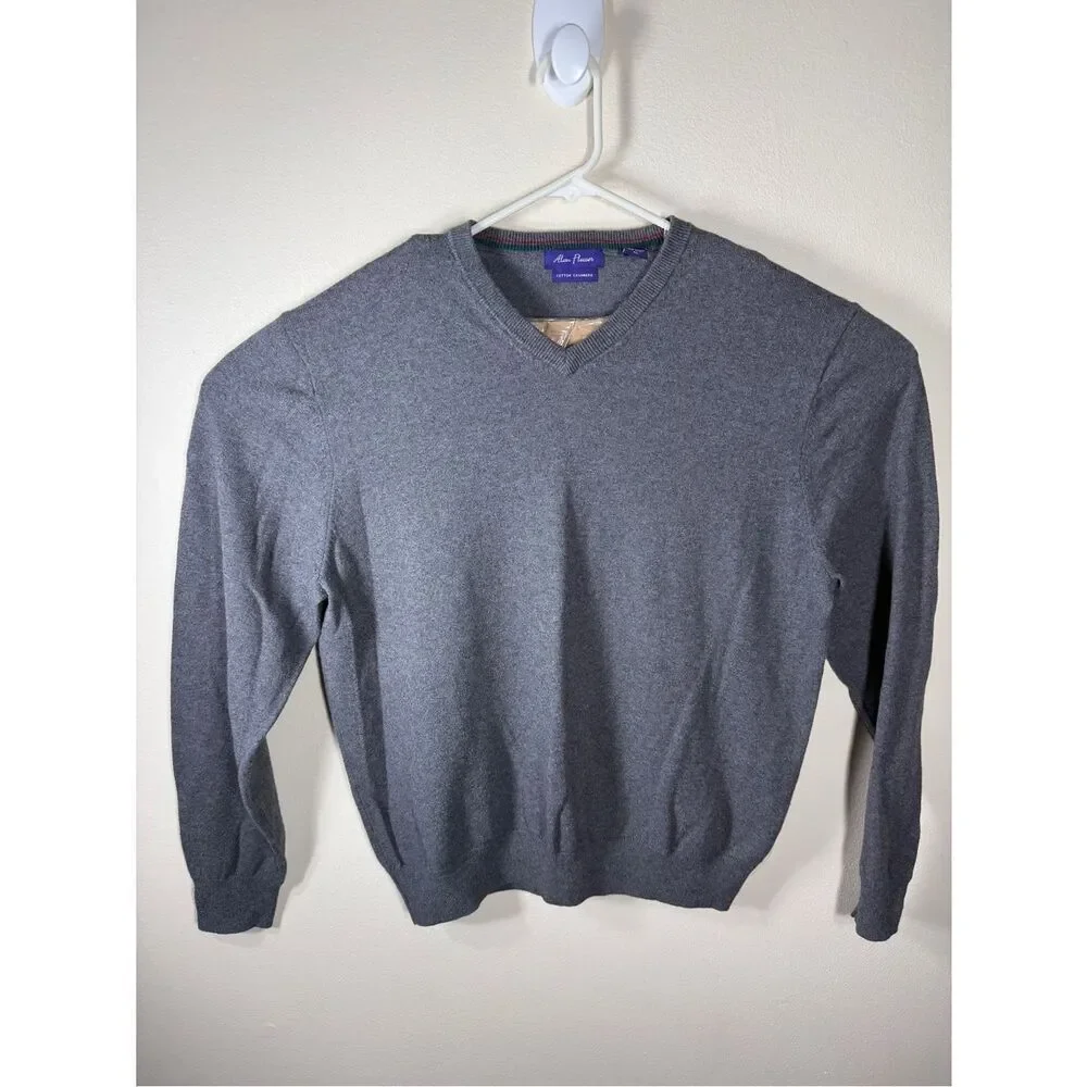 Alan Flusser Cashmere Cotton V Neck Long Sleeve Pullover Sweater Mens XL Grey
